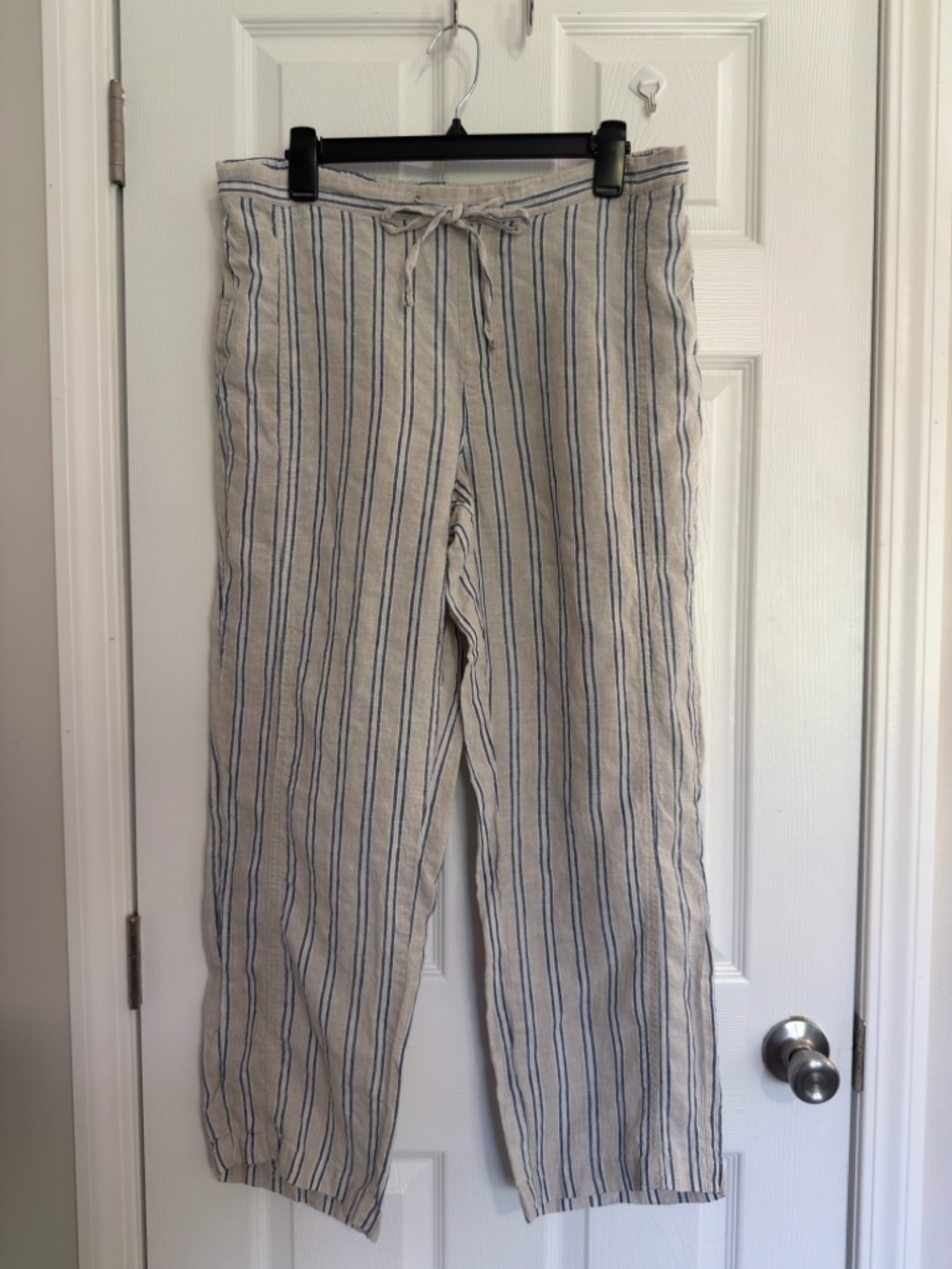 Coldwater Creek Biege Blue Striped 100% Linen Summer Beachy Pants Women M